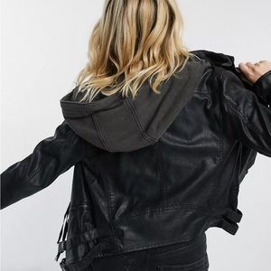 Free People Cleo Vegan Leather Hooded Motorcycle Jacket Large L